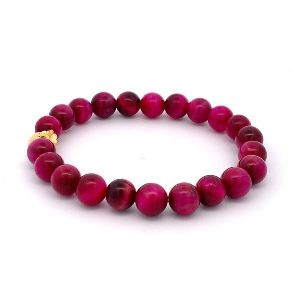 Dyed Tiger's Eye Magenta Stretchable Bracelet Size 6 with 24K Gold Money Bag - Picture 7 of 8